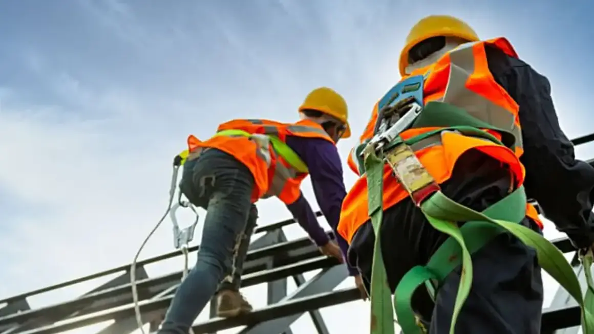 Trabajadores en altura con medidas de seguridad.