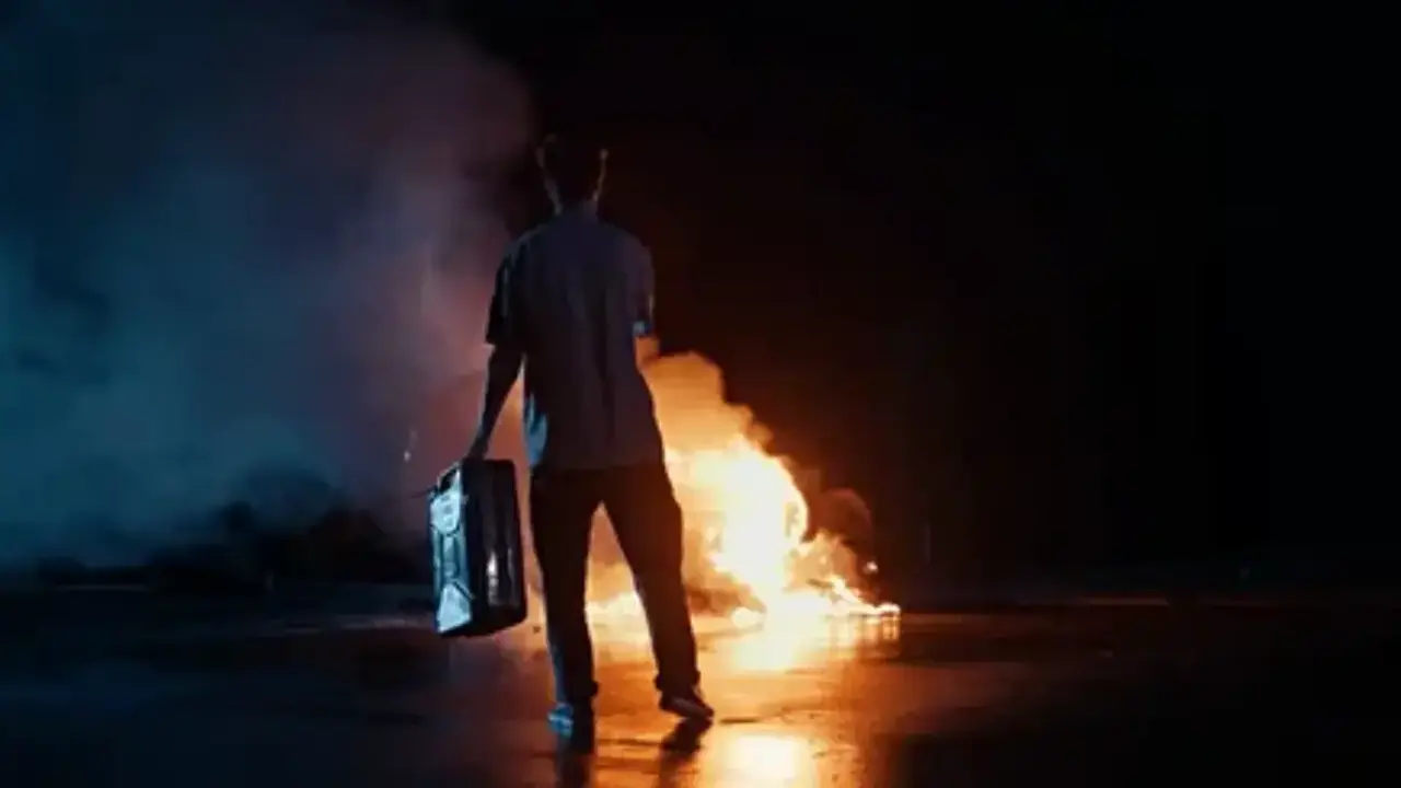 Hombre prendiendo fuego con gasolina. Imagen de archivo.